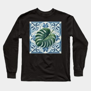 Classic Delft Tile With Monstera Leaf No.2 Long Sleeve T-Shirt